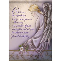 Sympathy card with an angel illustration and purple memorial text