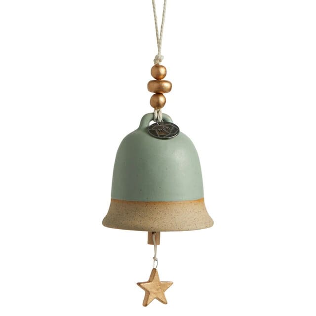 Hanging ceramic bell ornament with a star charm