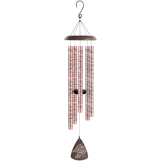 Hanging copper wind chime with pink tubes and a winged clapper.