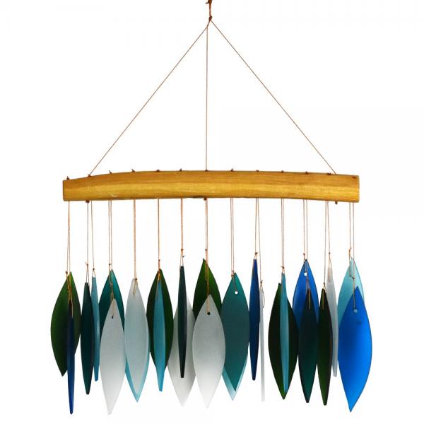 Hanging wooden mobile with blue, green, and white leaf-shaped pieces