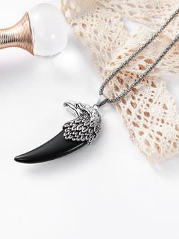Black horn pendant necklace with silver chain and lace background