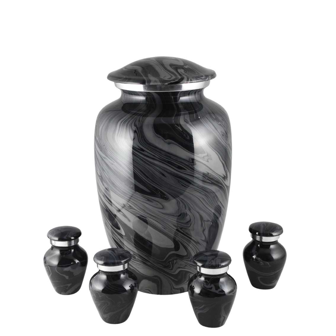 Black marbled urn with four matching small keepsake urns