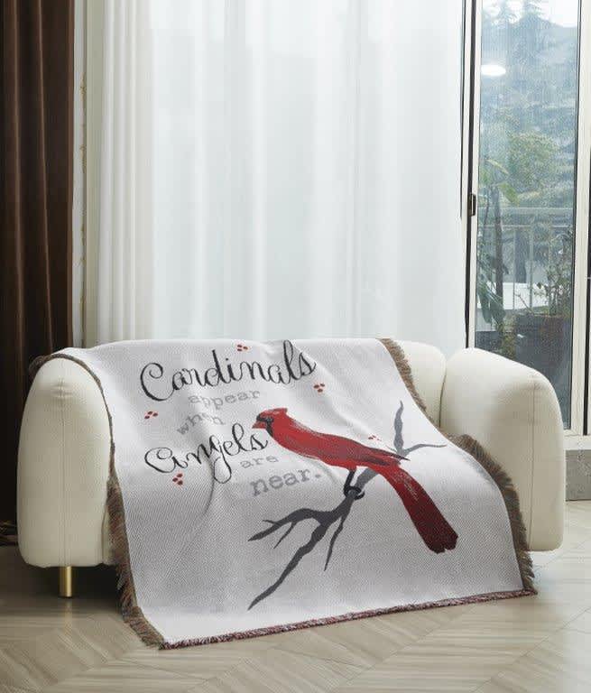 Blanket with a red cardinal and the words "Cardinals appear when angels are near"