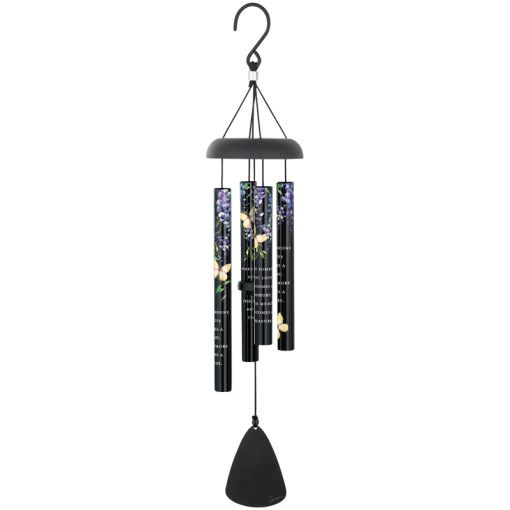 Black wind chime with floral-printed tubes and a hanging clapper