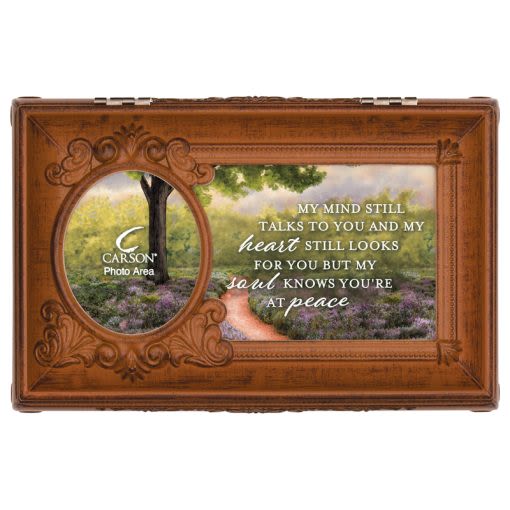 Wooden memorial frame with a landscape and sympathy message