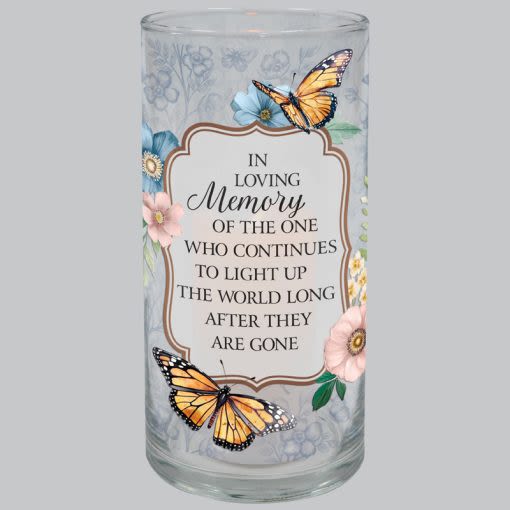 Glass memorial candle holder with butterflies and flowers