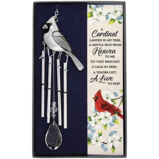 Cardinal-themed wind chime with a hanging bird and crystal drop