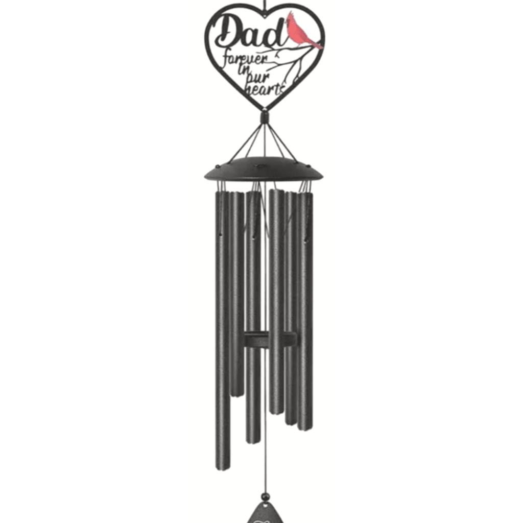 Heart-shaped memorial wind chime with a "Dad forever in our hearts" topper