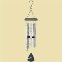 Hanging metal wind chime with silver tubes and a black clapper