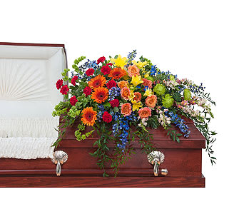Treasured Celebration Casket Spray  - A combination of bright color blooms to celebrate the life of your loved one.  DGTMF-786 Approximately 44" wide 36" deep  As Shown : TMF-786
