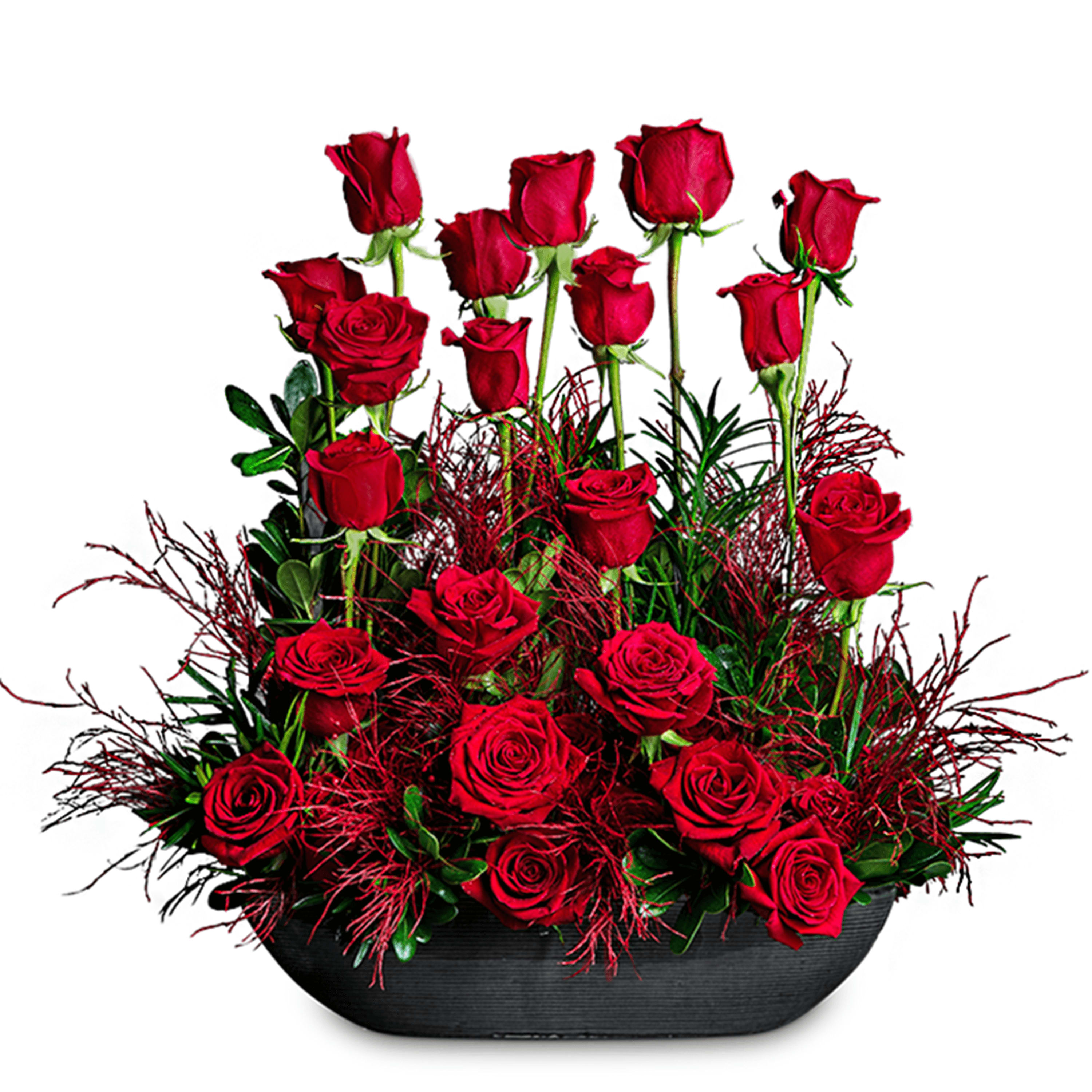 Red roses arranged in a black oval container