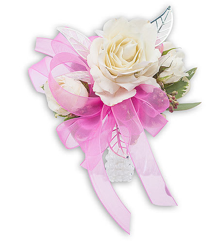 White rose corsage with pink ribbon and white accents