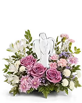 IN HEAVENS ARMS - KEEPSAKE CRYSTAL ANGEL WITH FRESH FLOWERS IN SHADES OF PURPLE &amp; WHITE