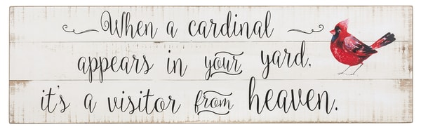 Wooden sign with cardinal illustration and memorial quote