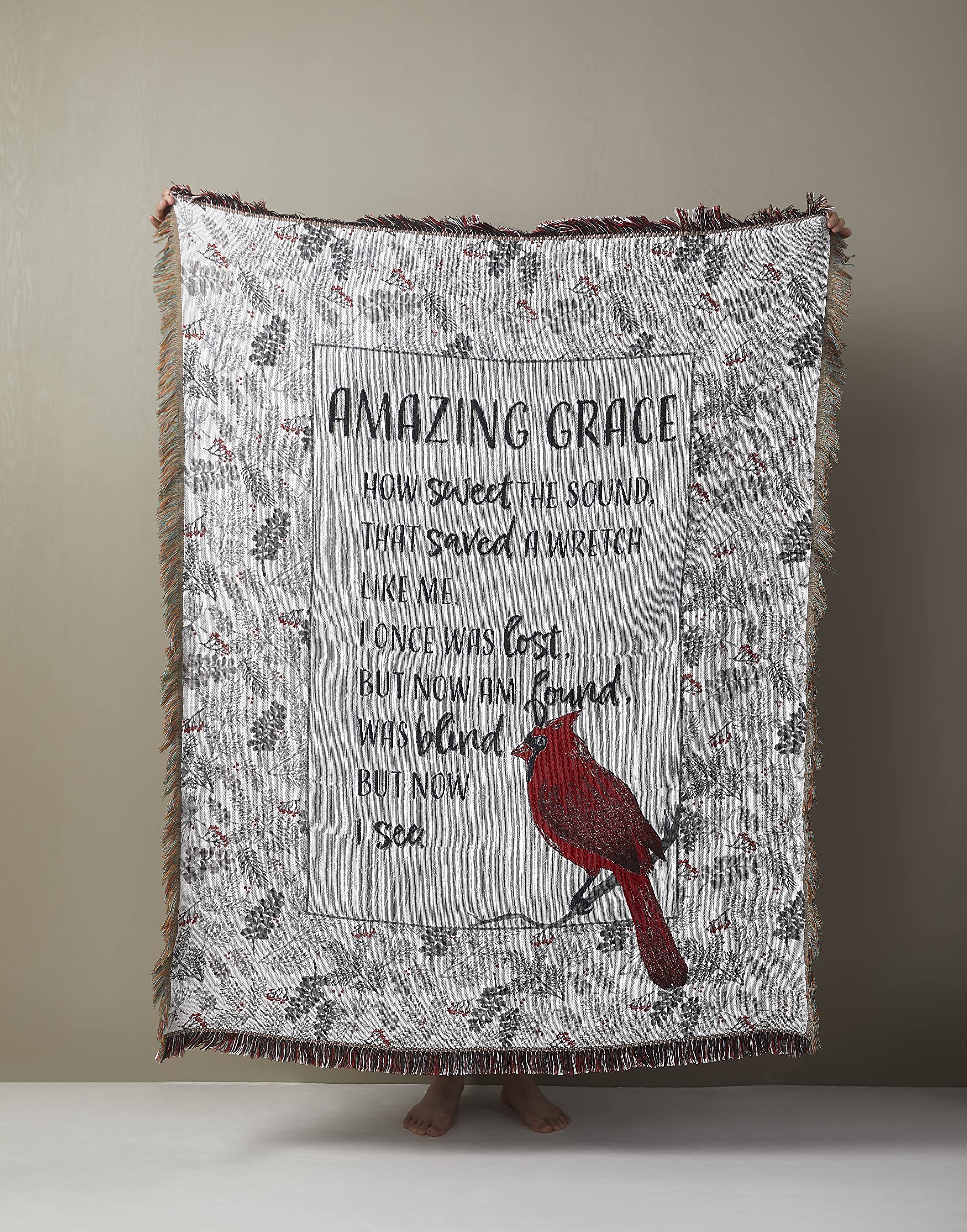 Amazing Grace Cardinal Throw Blanket - "Amazing Grace How sweet the sound That saved a wretch Like me. I once was lost. But now am found. Was blind But now I see."  This 50" x 60" woven tapestry is 80% polyester microfiber/20% cotton face and back, and machine washable for easy care.