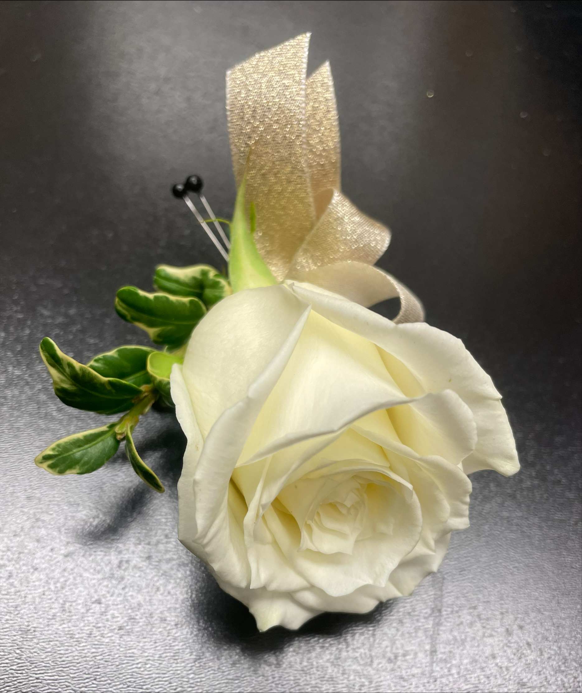 White rose boutonniere with green leaves and a gold ribbon