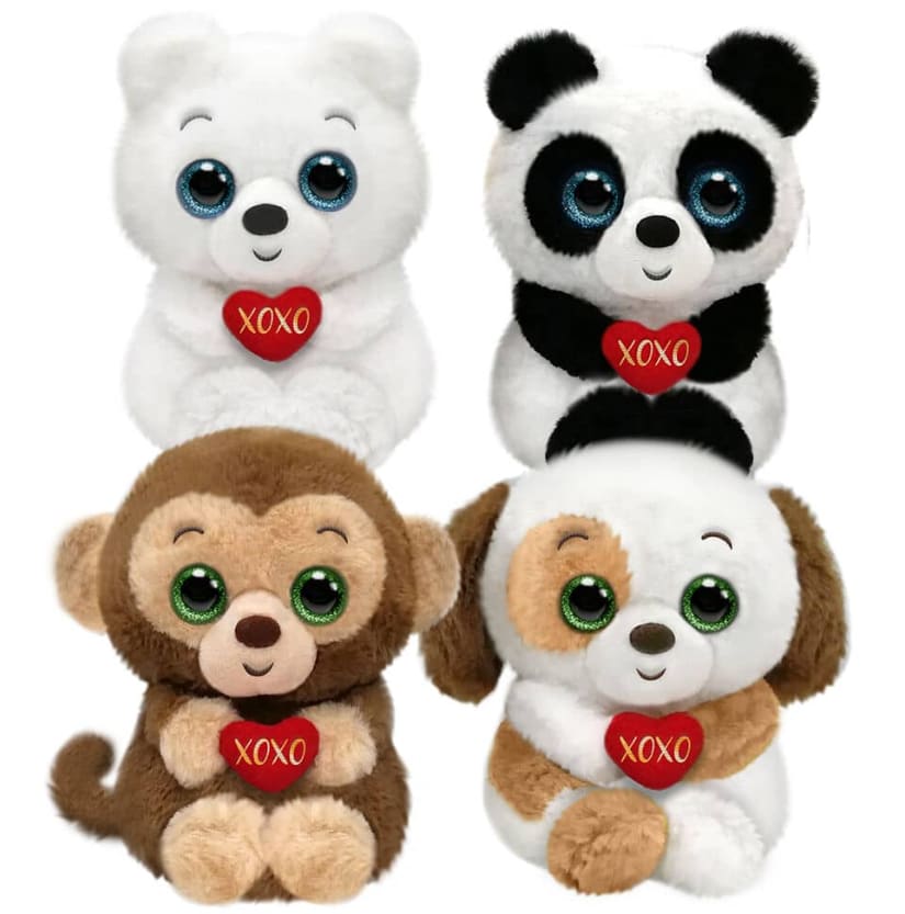 Four plush animals holding red XOXO hearts on a white background