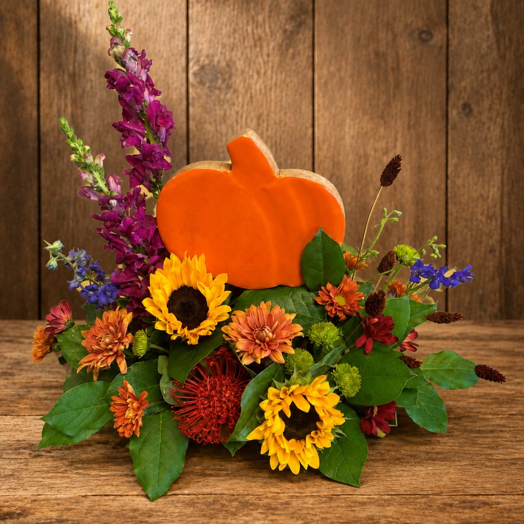 Fall floral arrangement with a pumpkin centerpiece and sunflowers