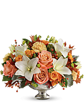 Harvest Shimer Centerpiece - mix of fall and cream in premium container 