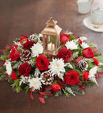 Let it Glow lantern centerpiece - Lantern centerpiece fresh xmas greens fresh flowers, picture shown is premium