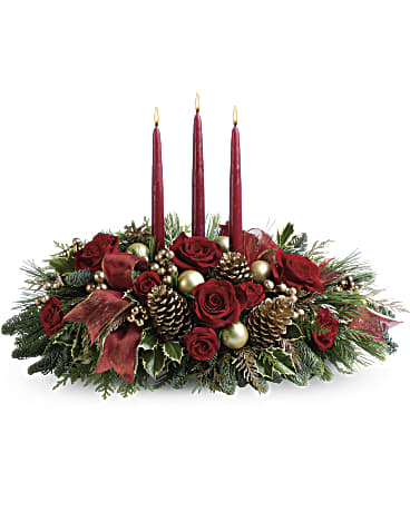 TOUCH OF GOLD CENTERPIECE - EVERGREENS 1-3 CANDLES GOLD ACCENTS