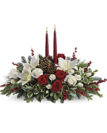 CHRISTMAS WISHES CENTERPIECE - LILIES CANDLES ROSES RED BERRIES