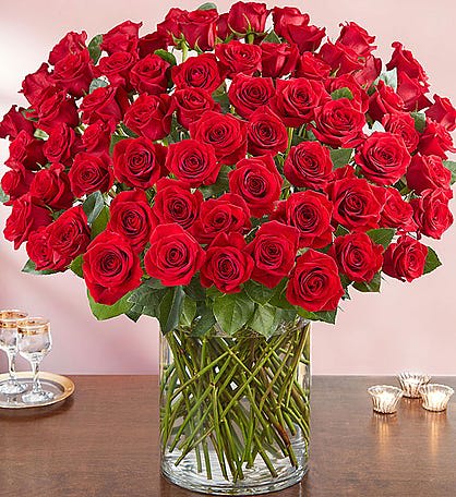 Large bouquet of red roses arranged in a clear glass cylinder vase on a table