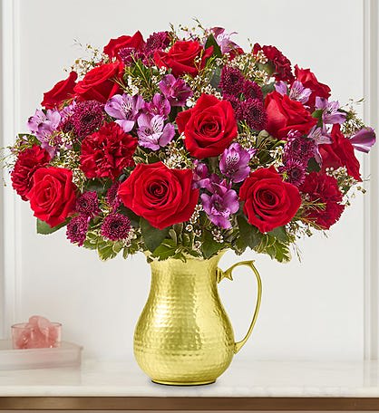MAJESTIC MOMENT CLEAR VASE - ROSES ALSTRO STOCK CARNATIONS
