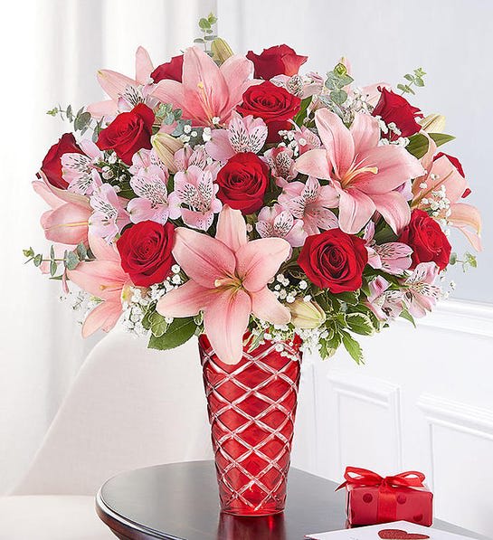 KEY TO MY HEART ROMANCE - "NOT EXACT VASE" LILIES ROSES ALTROMERIAS WAX FLOWER RED VASE, VASE BASED ON AVAILABILITY ONLY IF SOLD OUT WILL SUB WITH BEAUTIFUL RED VASE 