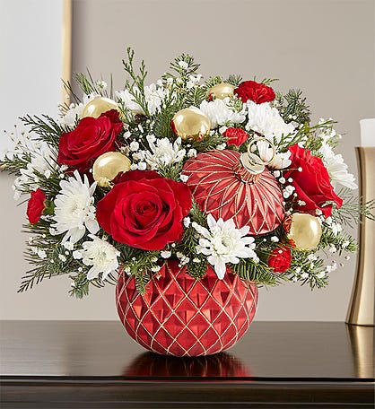 Holiday Ornament - xmas greens red and white flowers