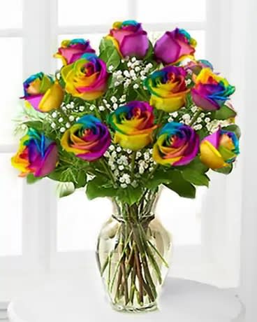 Rainbow Roses in Vase - 12 rainbow roses in vase