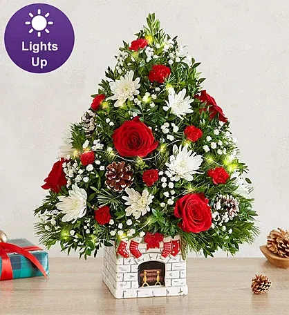 Chimney xmas Tree - Ceramic Chimney xmas tree with roses and cushions and ornaments  picture shown is always premium size, small and medium will have less flowers