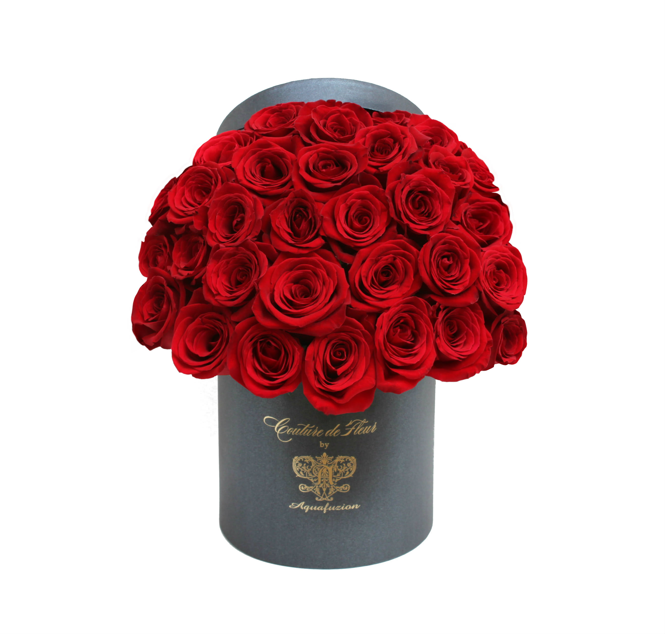 Red roses arranged in a black cylindrical box