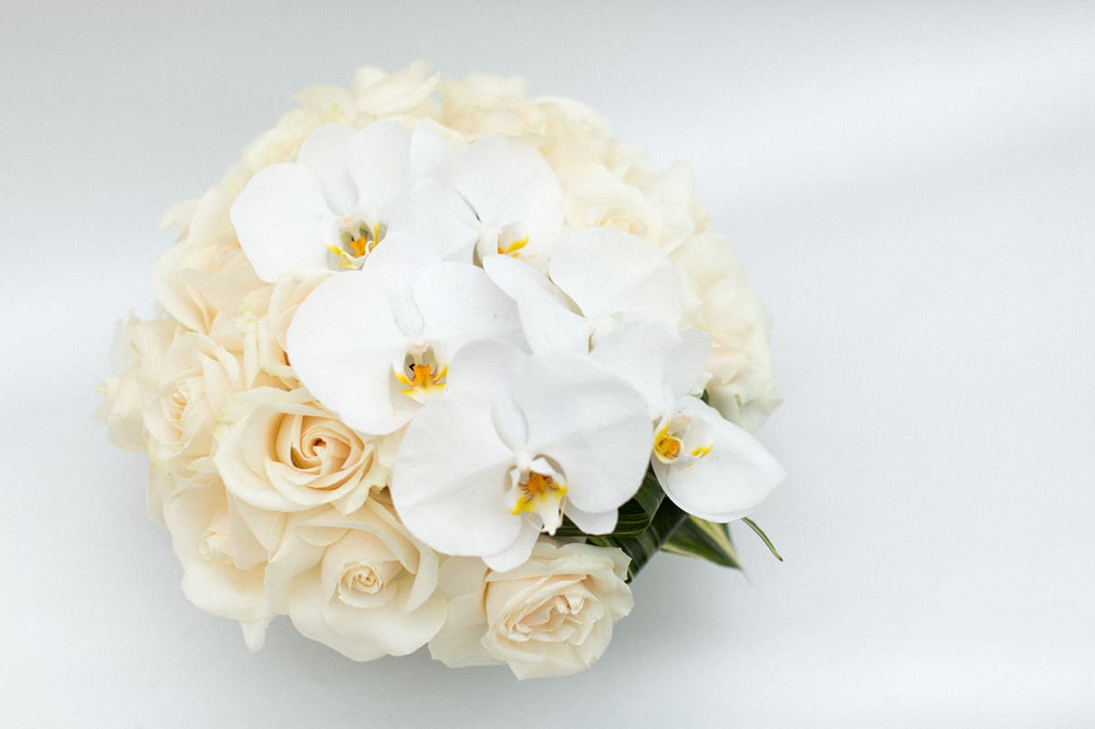White orchids and cream roses in a compact bouquet