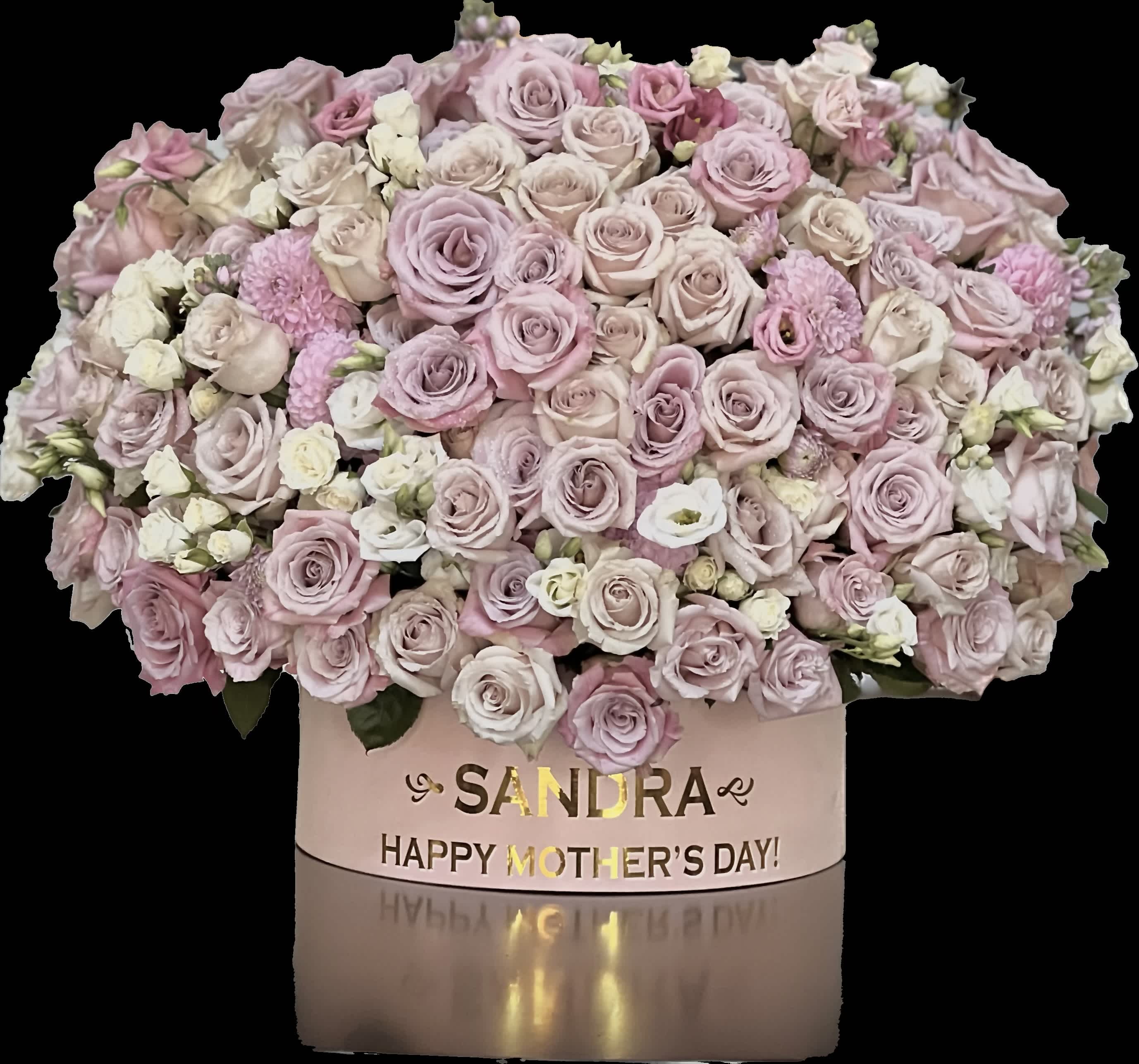 Pink and white rose bouquet in a personalized box