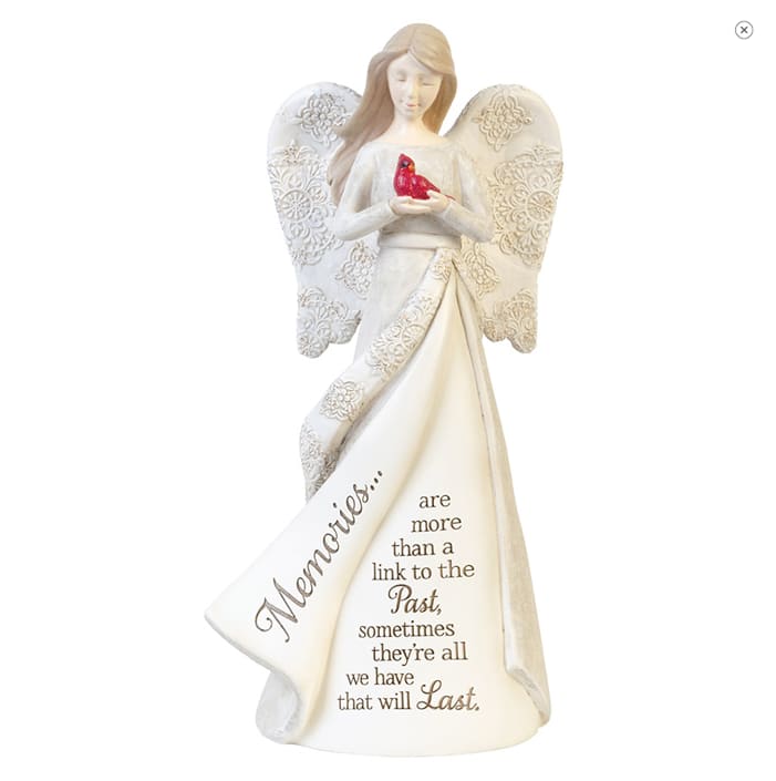 "Memories" Angel Figurine - Our From The Heart angel figurines are made of hand-painted resin and each piece features a unique accent and sentiment.  W: 6.5" H: 12" D: 4"