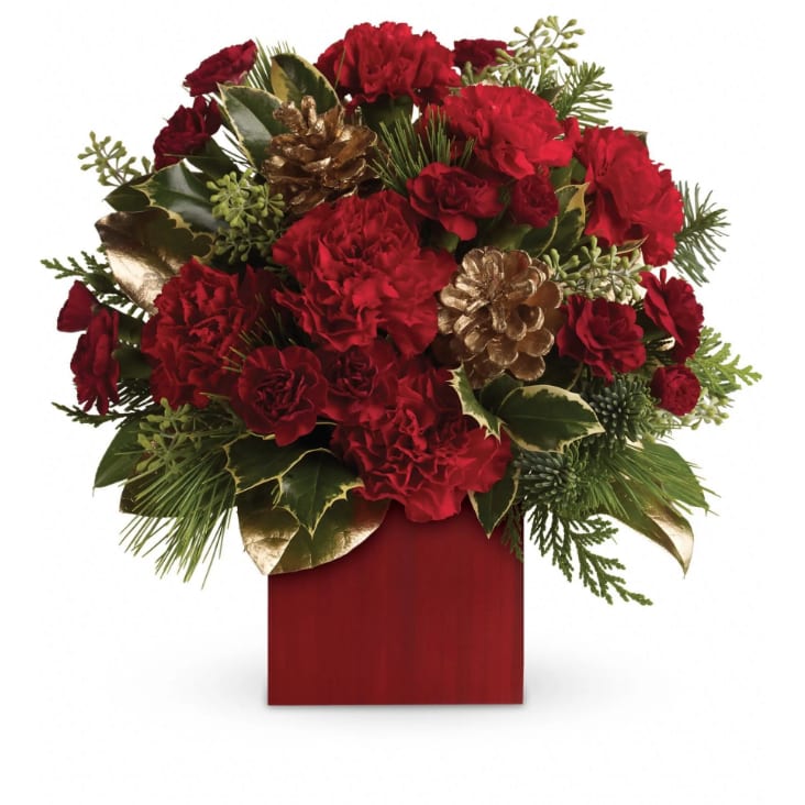 Laughter and Cheer by Teleflora - Warm up cold winter days with good cheer! Red roses are delightfully arranged in our rich red bamboo cube.  Red carnations and maroon miniature carnations are accented with tips of noble fir, flat cedar, holly, white pine and assorted greens. Delivered in Teleflora's red bamboo cube.  Approximately 12" W x 12" H  Orientation: One-Sided  As Shown : TWR02-2A Deluxe : TWR02-2B