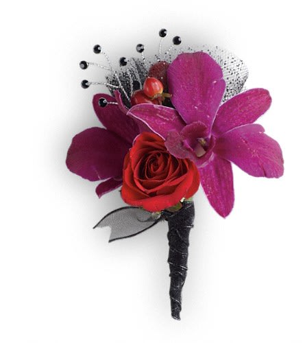 Red rose boutonniere with purple orchid petals and black accents