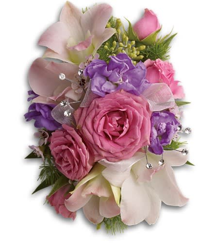 Pink and purple bouquet with roses and calla lilies