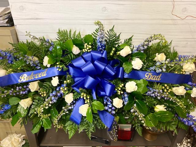 Memories Lid Spray - a variety of in season flowers with your choice of ribbon color