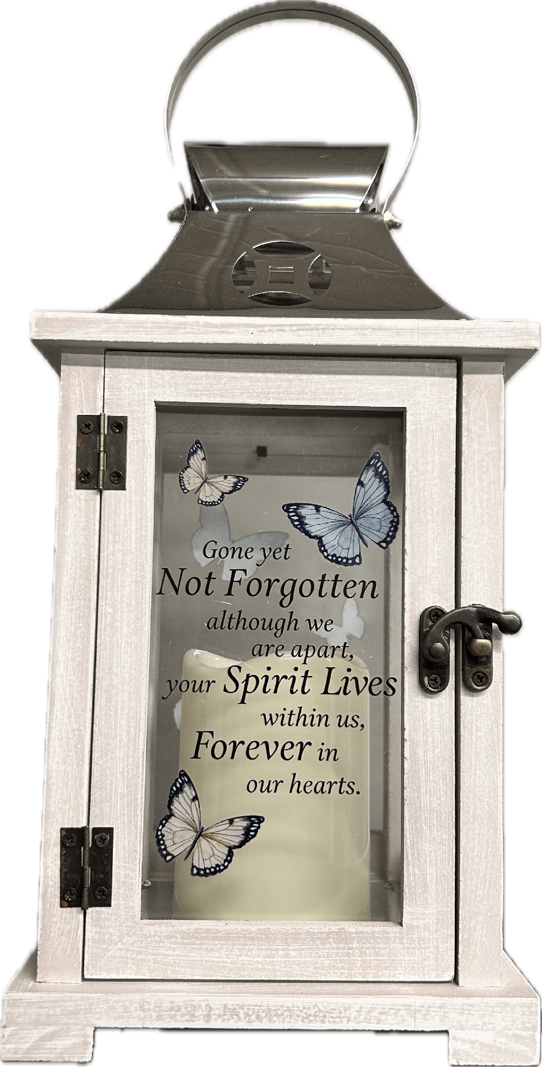 Sympathy Lantern - small - Wood with metal top lantern with an LED lighted candle. Ivy and a bow can be added for a the deluxe options.. Lanterns are unique and come with different sayings.  Lantern is 13 1/2" H, 6 1/4" W and 6 1/4" D.  Silk flowers can be added for premiums option. LANTERNS AND FLOWERS MAY VARY DUE TO AVAILABILITY