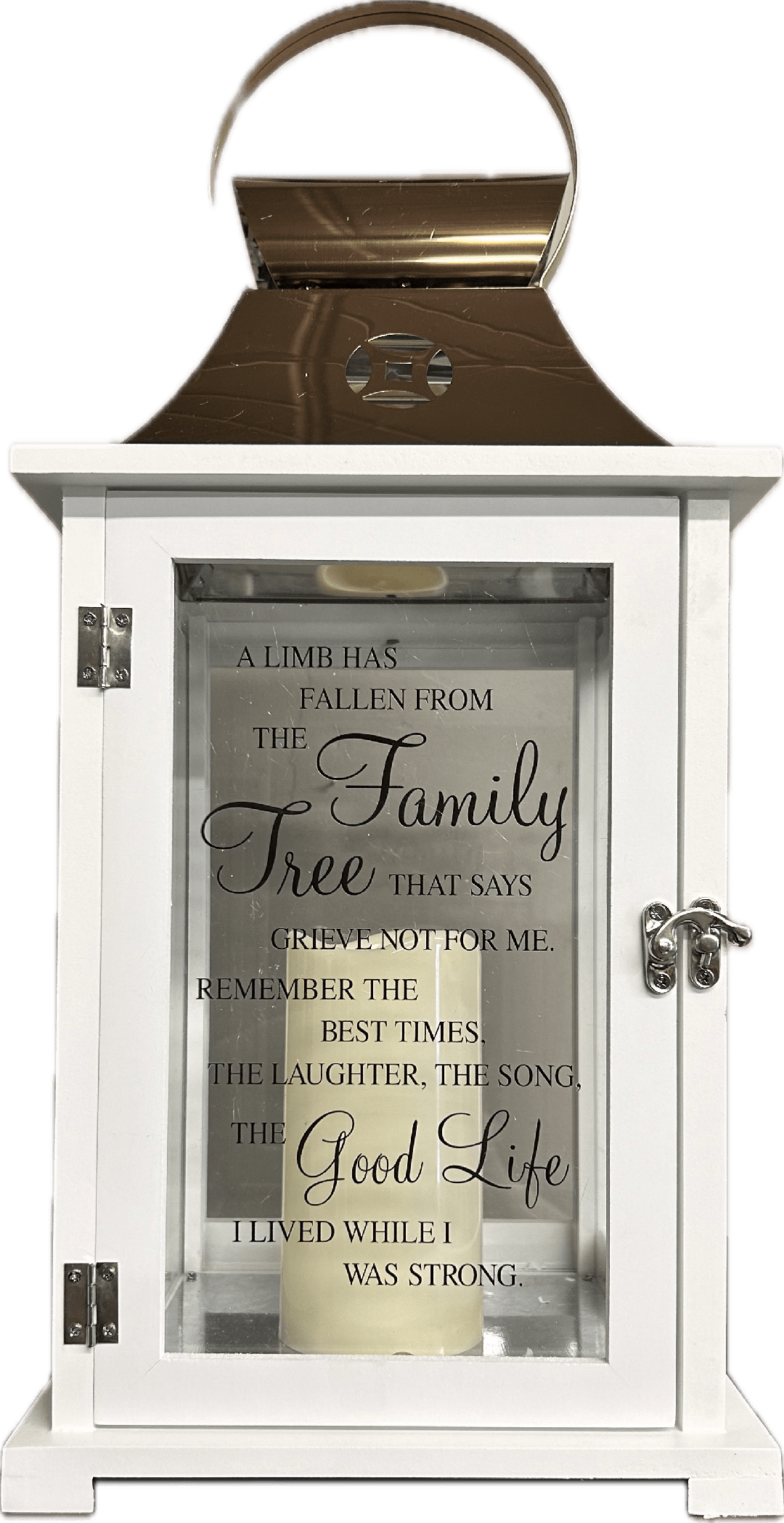 White memorial lantern with a candle and sympathy quote inside