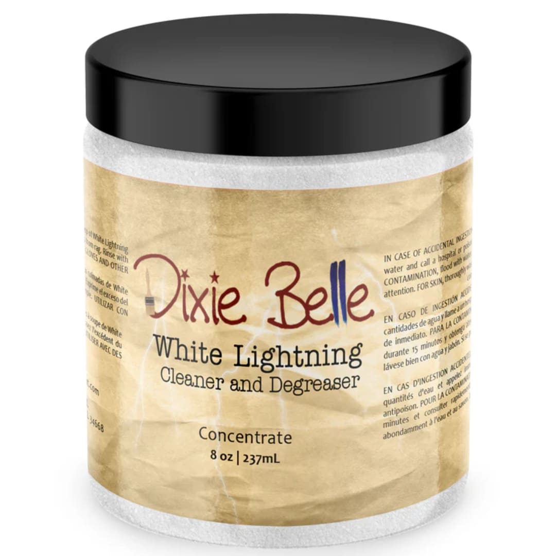 Jar of Dixie Belle White Lightning cleaner with a black lid