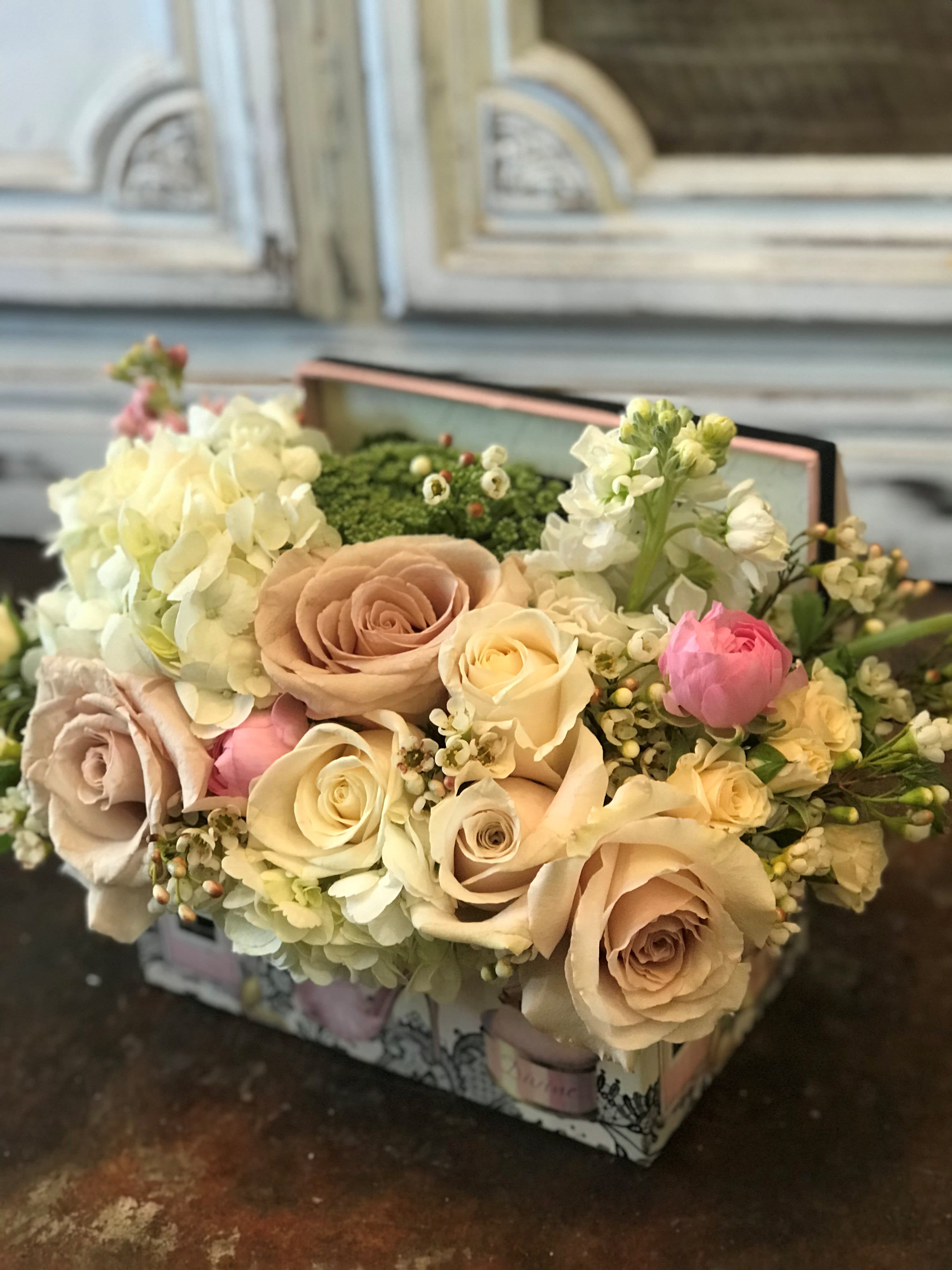 Soft and Sweet  - This little artistic Creation is arranged with quicksand roses, pink ranucles and more cut fresh flowers in a little gift box. This gift basket is perfect gift for any occasion.