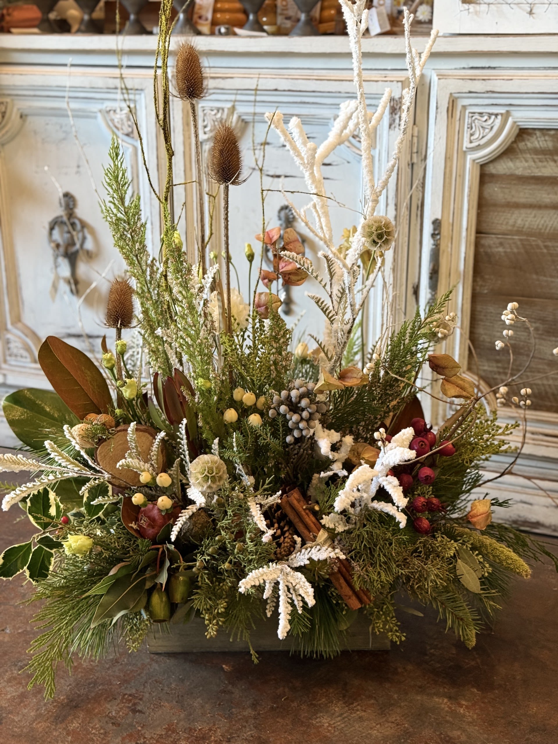 Vintage Holiday - Rustic holiday Natural Beauty,  with pine cones, evergreen branches, white and red berries, and more ornaments in a wooden box. Joyful gift for your loved ones. 