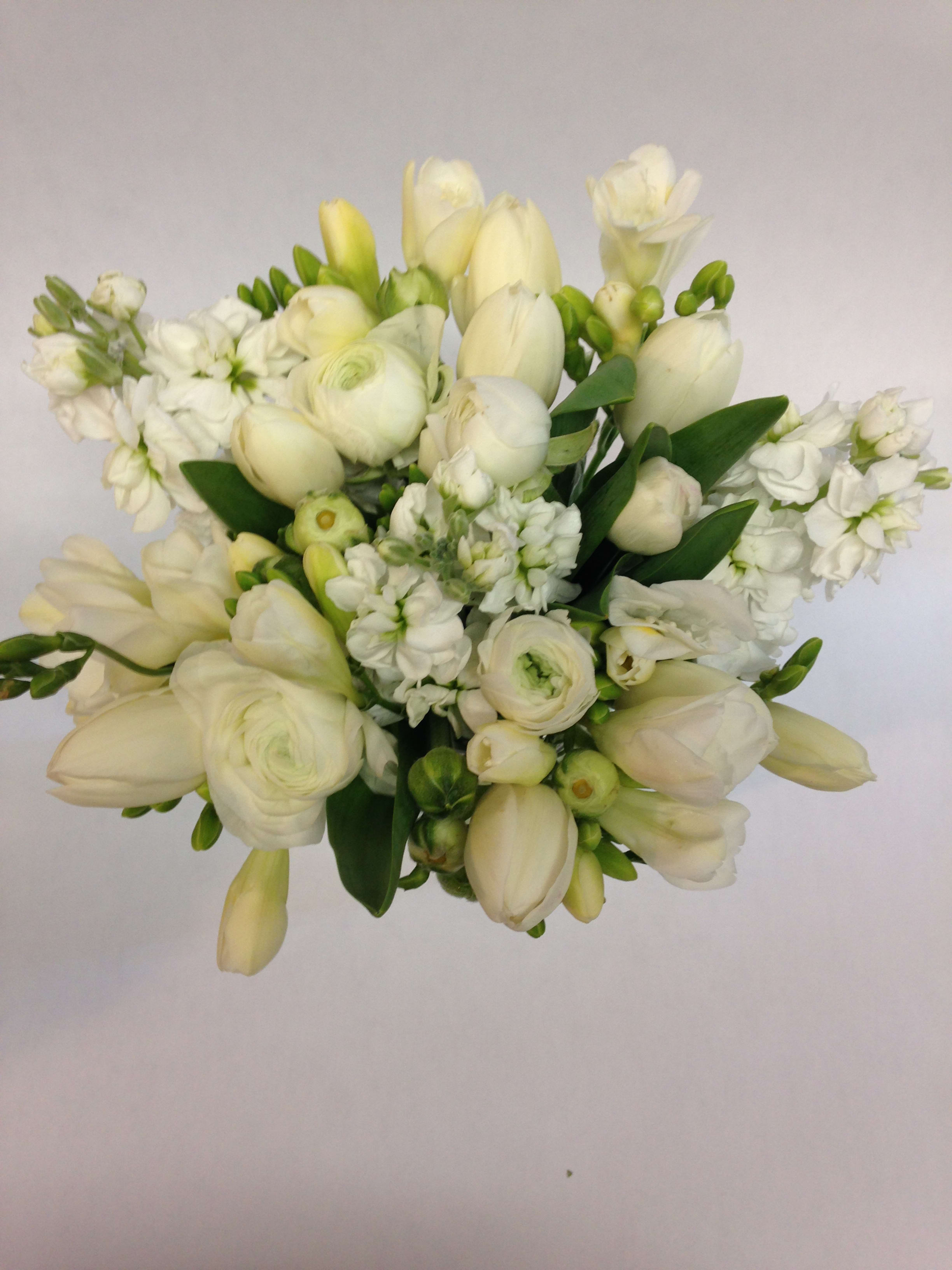Lush White Bridal Bouquet (Pre-order) - This bridal bouquet comes complete with only white blooms - fresh and fragrant stock, ranunculus, tulip, and freesia.  (Some flowers may be subject to change depending on the season. We will contact you with available flower substitutions; please contact us with specific questions if you are concerned with flower availability, thanks!)  Featured arrangement: $235 (Regular Price)