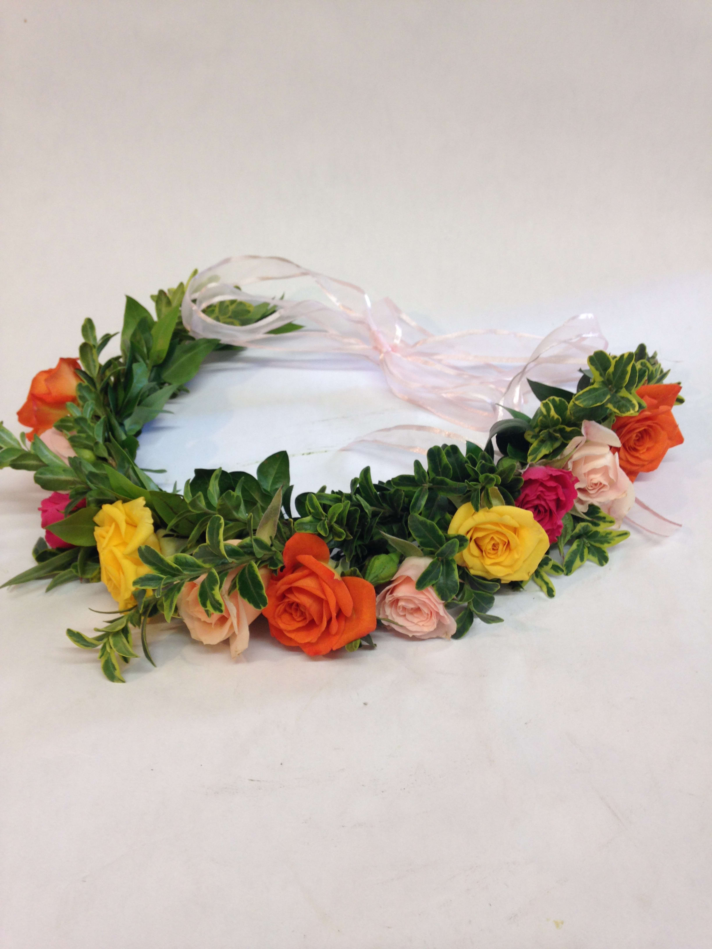 Floral crown with multicolored roses and sheer ribbon
