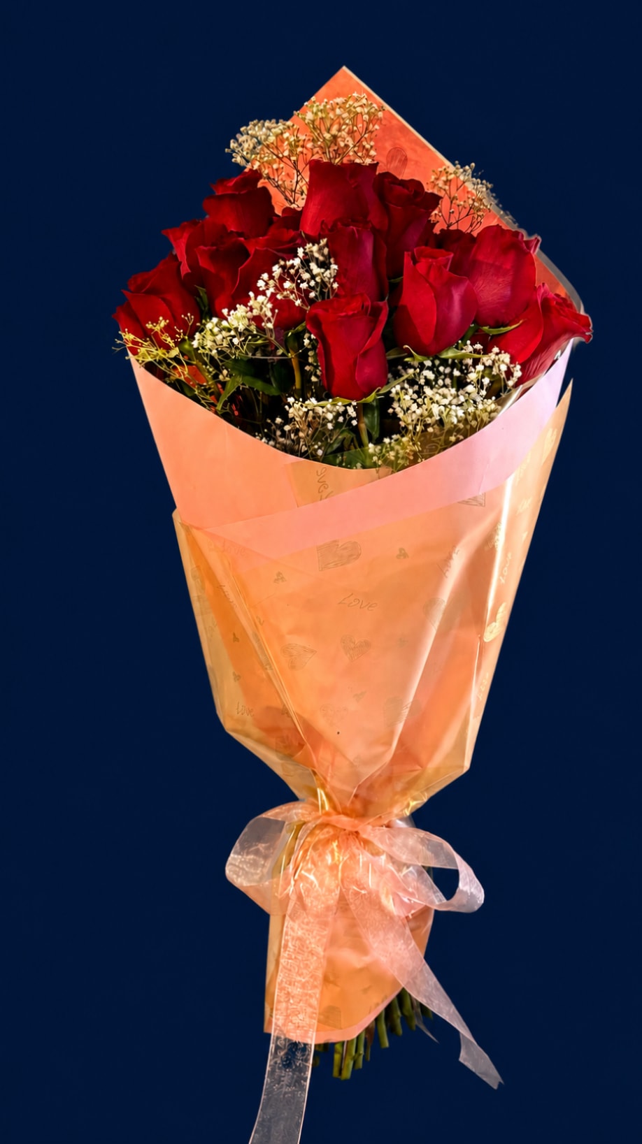 Valley Romance BQ  - A dense cluster of 12 deep red roses framed by delicate white filler creates an immediate impression of classic romance-perfect as a birthday bouquet for a sweetheart, an anniversary roses gift, or a Valentine's Day surprise. The warm contrast of red blooms against peach and pink translucent wrapping and a sheer ribbon gives the arrangement a soft, affectionate presence that will make the person you're thinking of feel truly cherished.  Each bouquet is handcrafted with a dozen premium red roses and sprigs of baby's breath, wrapped in peach-and-pink decorative paper (some versions feature subtle heart motifs) and finished with a tied sheer ribbon. The compact, gift-ready presentation reads as polished and intimate; the stems are neatly gathered and secured for easy handling and display.  Choose this arrangement to say "I love you," "I miss you," or "congratulations" in a timeless way. If you prefer a different rose color or a mixed palette, please let us know when ordering and we'll customize the bouquet to suit the moment.