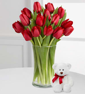 Red tulips in a clear glass vase beside a small white teddy bear with a red ribbon.