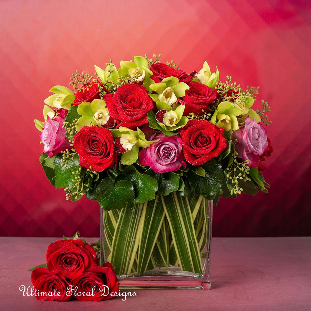 Red and pink roses with green orchids in a glass vase